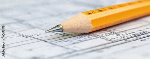 Obraz Close-up of a sharpened yellow pencil resting on a detailed architectural blueprint