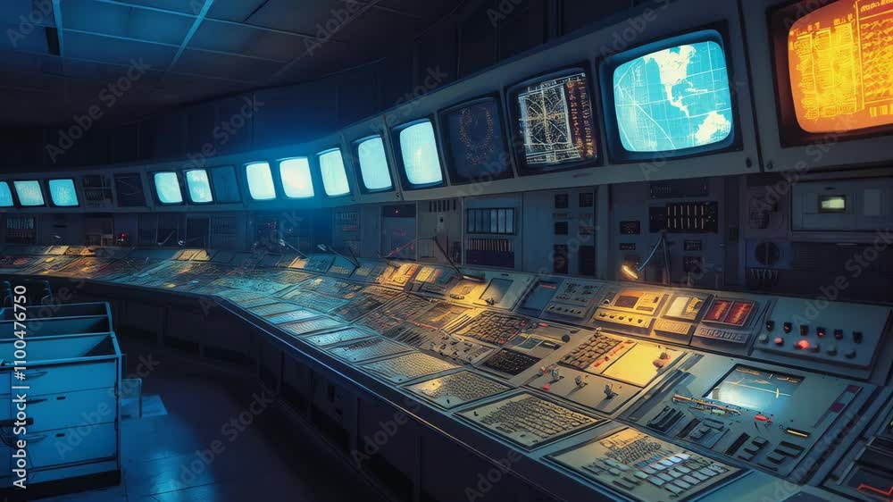 Futuristic spaceship control room. Retro command center. Space mission ...