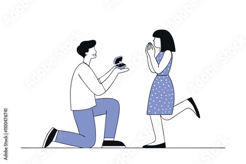 Cartoon scene with a man who proposes to his girlfriend and gives her a diamond. Marriage proposal concept. Vector flat illustration