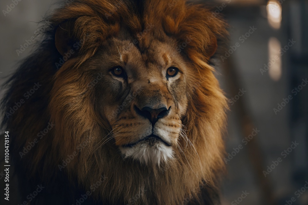 Obraz premium A close-up portrait of a majestic wild lion, showcasing its sharp eyes, detailed mane, and serene expression, set against a blurred green background