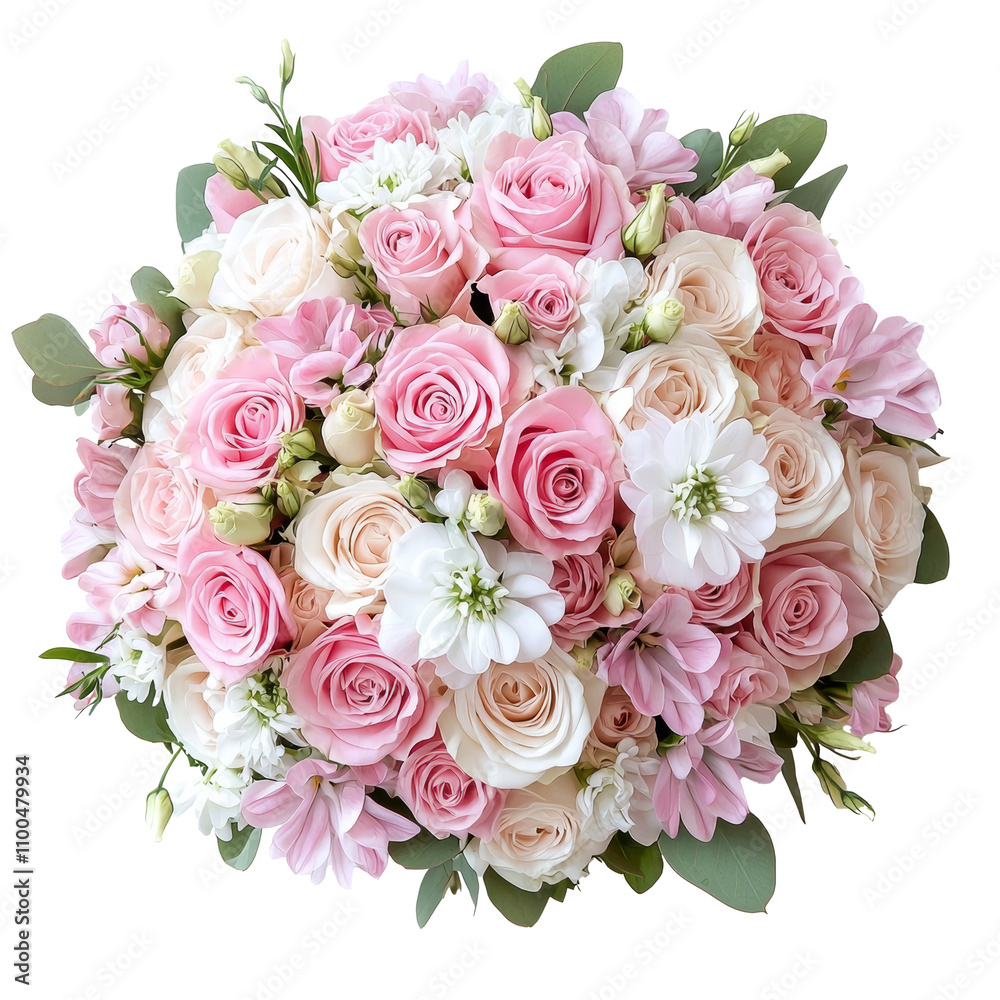 Obraz premium A stunning bouquet featuring soft pink roses, white daisies, and delicate lilies, perfect for any celebration or as a heartfelt gift. PNG on a transparent background.