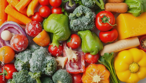 Collage with different frozen vegetables as background, top view isolated highlighted by white, png photo