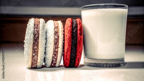 Alfajores with inviting colors, showcasing delight, paired with milk against a softtoned background photo