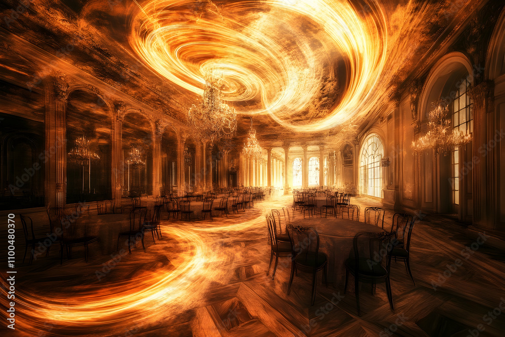 Obraz premium A swirl of golden light fills a lavish hall, revealing intricate details and sparking wonder
