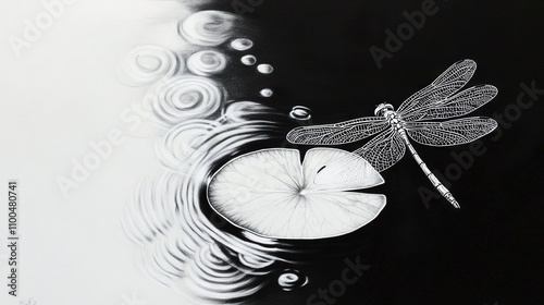   A drawing of a dragonfly perched on top of a lily pad, with a lily pad in the foreground