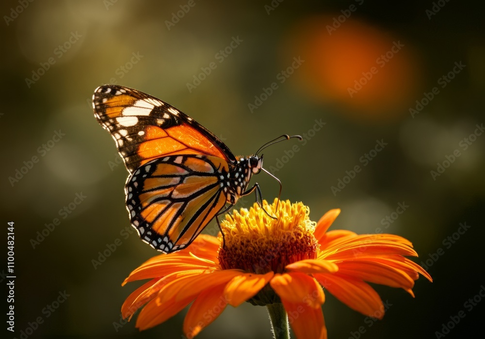 Obraz premium A vibrant butterfly with orange, black, and white wings perches delicately on an orange flower, bathed in warm backlighting, showcasing the intricate details of both the butterfly and the flower