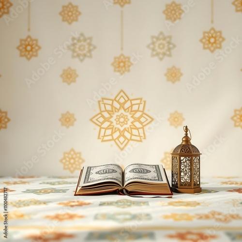 book with lamp and book. a book titled the holy month of ramadan.