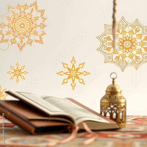 book with lamp and book. a book titled the holy month of ramadan.