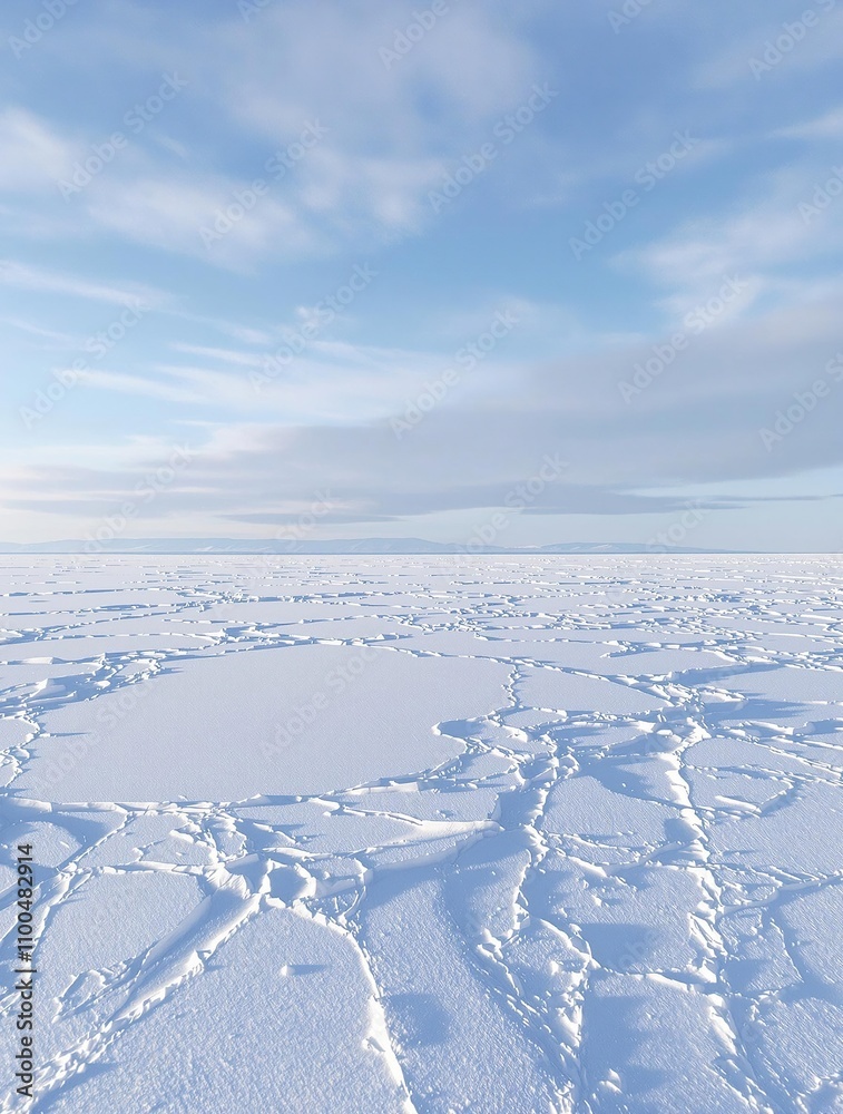 Obraz premium Snowy landscape with a frozen lake in the background, icy, frozen, lake, frosty morning, cold