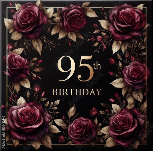 Elegant black and gold card featuring roses for a 95th birthday celebration. photo