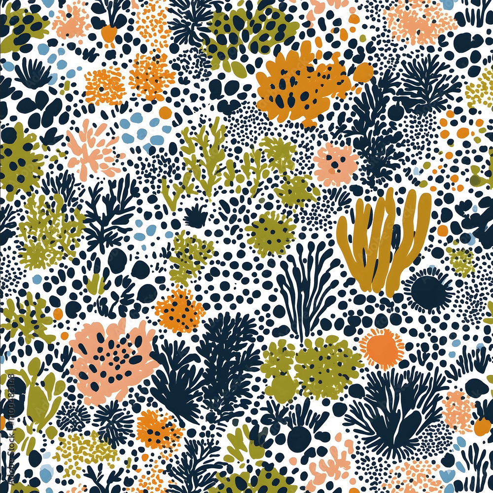 a tileable seamless pattern with funky looking plants and wobbly flowers Nordic style like Marimekko repeating pattern designed for textile There should be very littl