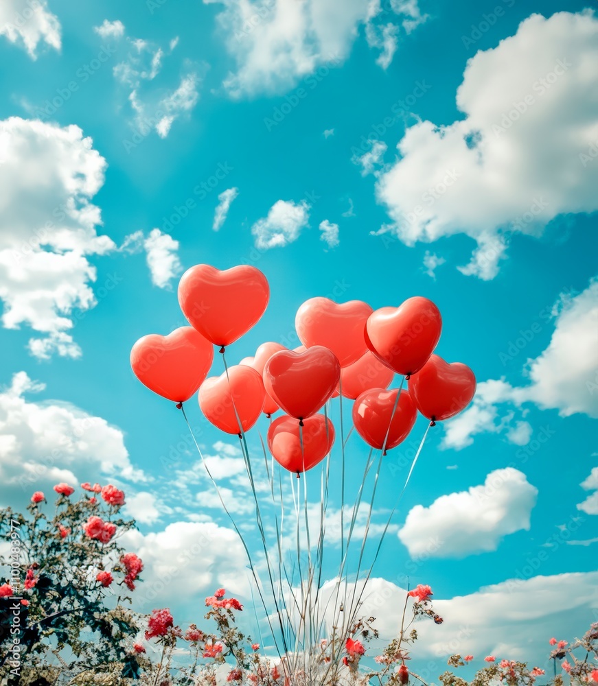 heart-shaped balloons on a background of blue sky. inflatable heart-shaped balloons - festive background for Valentine's Day, copy space heart-shaped balloons on a background of blue sky. inflatable heart-shaped balloons - festive background for Valentine's Day, copy space