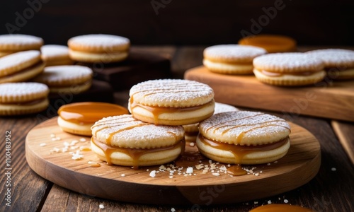 Gourmet Alfajores on a rustic wooden background evoking warmth and indulgence with caramel drizzle and light textures. photo