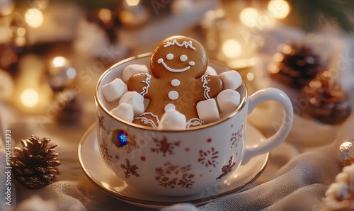 cute and happy gingerbread man sitting in a cozy cup of hot cocoa and mashmallows on a christmas themed hygge background photo