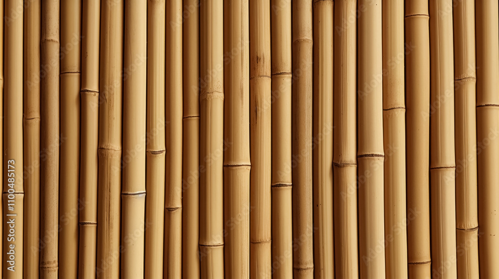 Naklejka premium Natural concept background, beige bamboo stems wall or fence, decorative, vertical planks, banner with texture pattern, organic eco-friendly material
