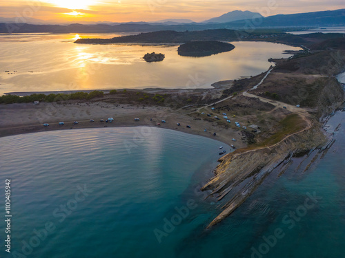 romantic sunrise over the Dalan beach, near Vlore, Albania photo