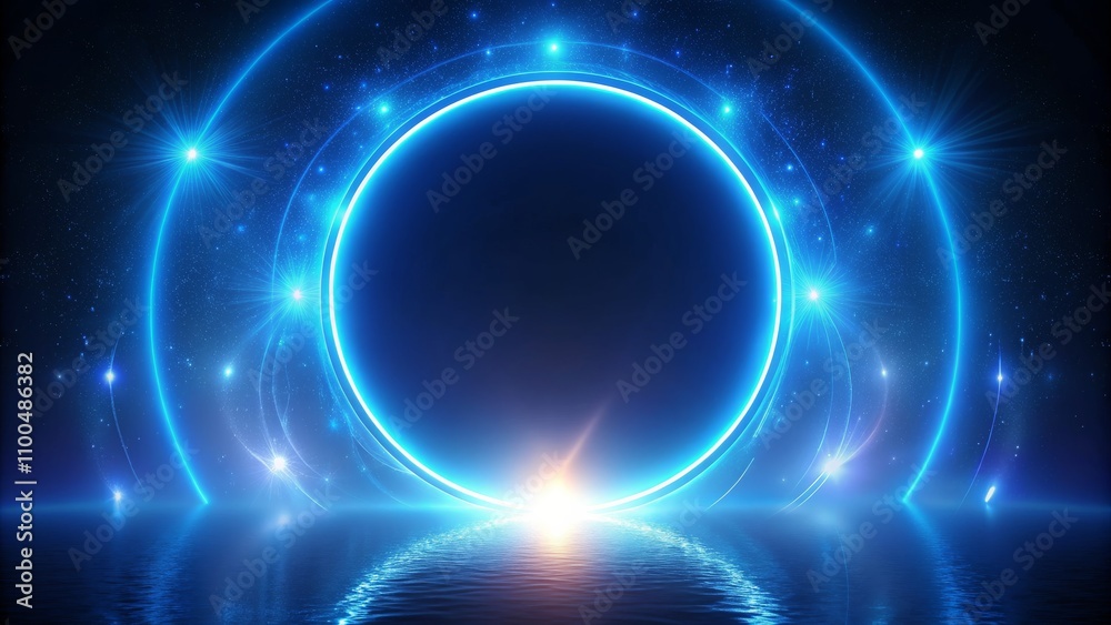 Obraz premium Cosmic Portal Glowing Blue Ring and Stars Reflecting in Water, Space, Galaxy, Night Sky, Abstract