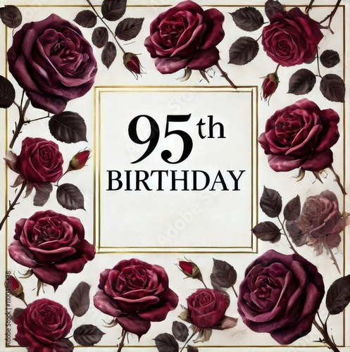 Elegant 95th birthday card adorned with deep red roses and decorative leaves. photo