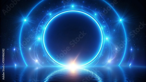 Cosmic Portal Glowing Blue Ring and Stars Reflecting in Water, Space, Galaxy, Night Sky, Abstract