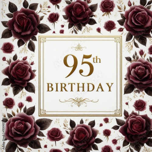 Elegant 95th birthday card adorned with deep red roses and gold accents. photo