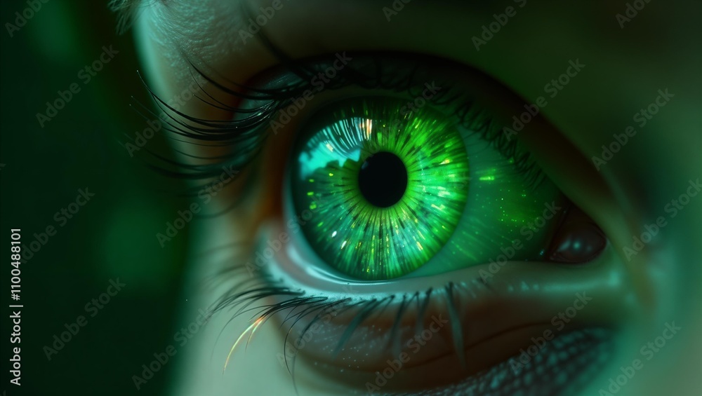 Obraz premium Fantastic green female eye. Luminous emerald-colored pupil in close-up. Magical look. Macro