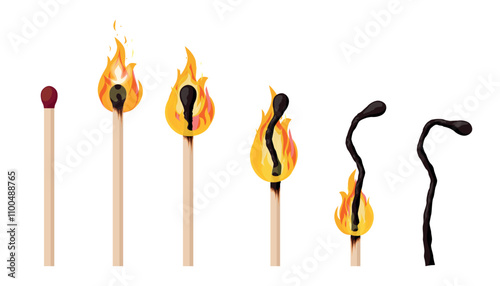 Set of beautiful processes of burning matches in cartoon style. Vector illustration of stages of burning: match whole, burning with flame, charred isolated on white background. Lighter matches.