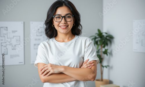 confident woman wearing casual white t shirt stands with arms crossed, smiling in modern office space with architectural plans on wall photo