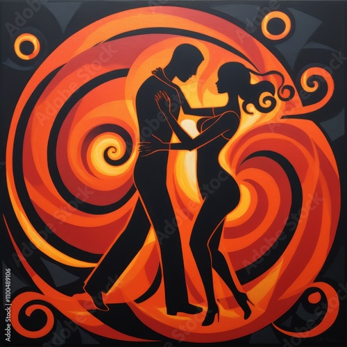 cubist inspired depiction of love with fiery spirals forming interlocking figures Abstract geometry and warm tones convey connection passion and unity