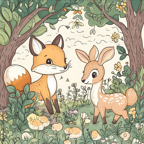 A cute cartoonstyle woodland scene with a fox deer and rabbit with playful detailed designs intended for a childrens coloring book photo