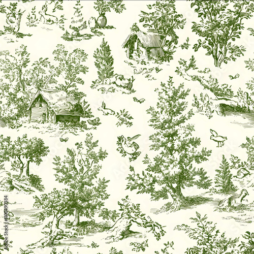 vintage whimsical woodland toile green and white photo