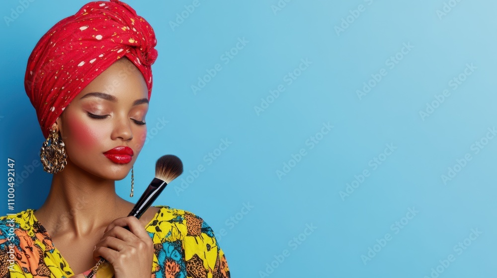 Fototapeta premium A glamorous woman with vibrant style applies blush with a makeup brush, embodying beauty and cultural elegance against a serene blue backdrop.