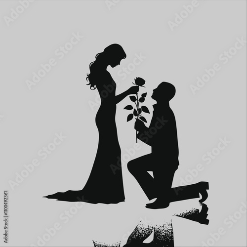 romantic silhouette of a man kneeling on one knee, holding a rose, as he presents it to a woman standing gracefully