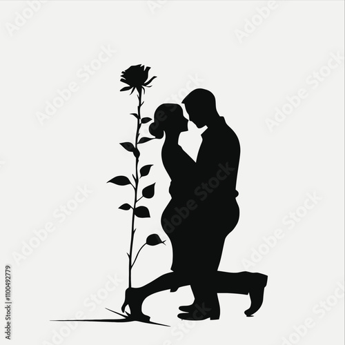 romantic silhouette of a man kneeling on one knee, holding a rose, as he presents it to a woman standing gracefully