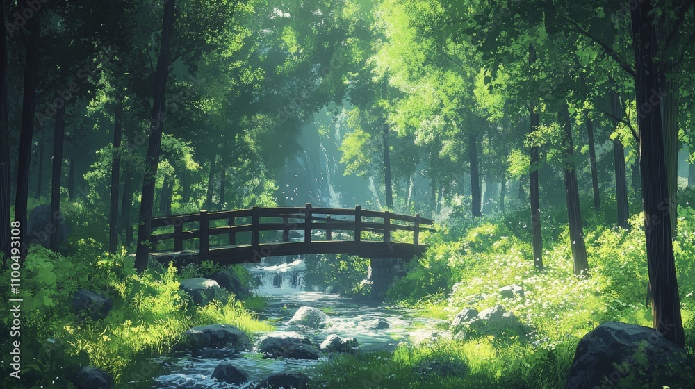 Fototapeta premium Serene Wooden Bridge Over Forest Stream Waterfall