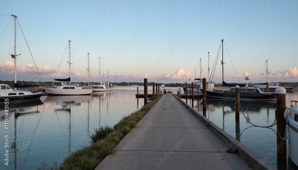 Obraz premium Calm marina at dusk with yachts docked along a paved walkway and soft pastel skies 