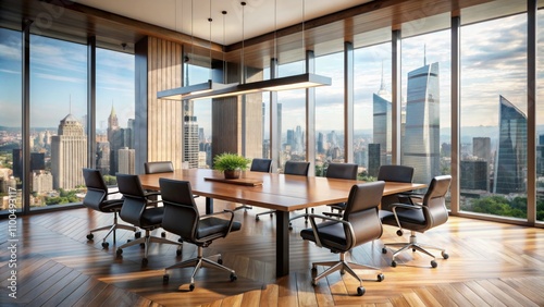 Modern Boardroom with Cityscape View, Wood Floor, Black Leather Chairs, 3D Render, office , interior design , boardroom