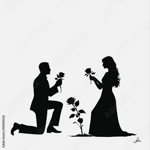 romantic silhouette of a man kneeling on one knee, holding a rose, as he presents it to a woman standing gracefully