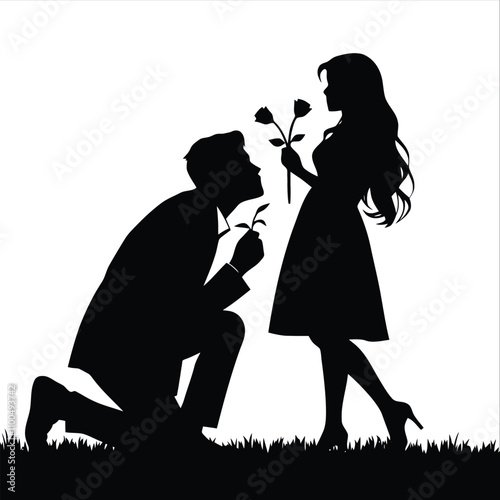 romantic silhouette of a man kneeling on one knee, holding a rose, as he presents it to a woman standing gracefully