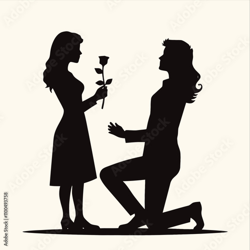 romantic silhouette of a man kneeling on one knee, holding a rose, as he presents it to a woman standing gracefully