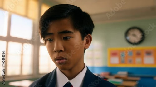 A young Asian male student looks concerned as he anticipates a significant event taking place during the school day