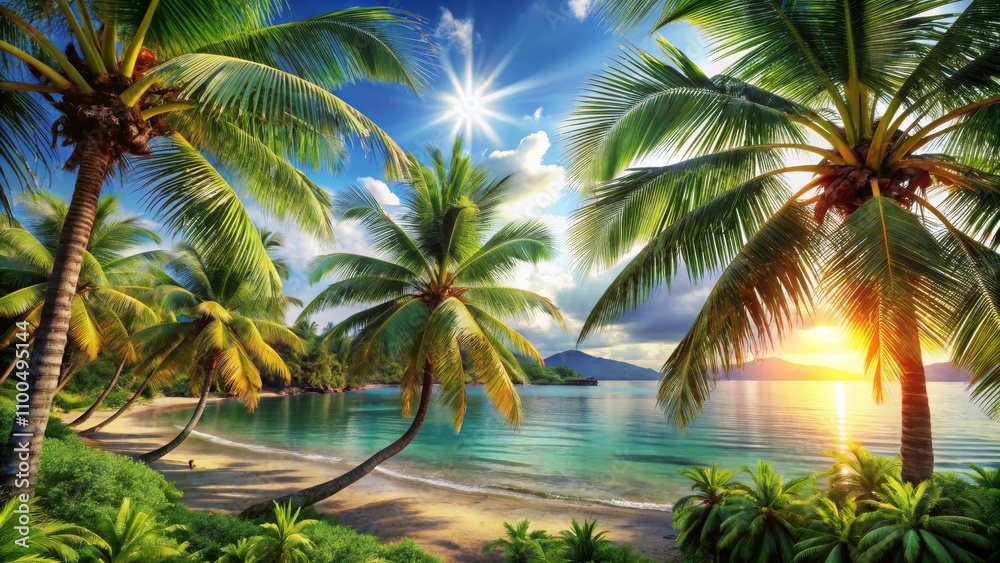 Fototapeta premium Palm Tree Paradise Sunset Over a Tranquil Beach, Tropical, Palm Trees, Sunset, Beach, Nature