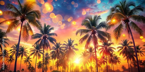 Palm Trees Silhouetted Against a Vibrant Sunset with Bokeh, palm trees, sunset, tropical, vacation