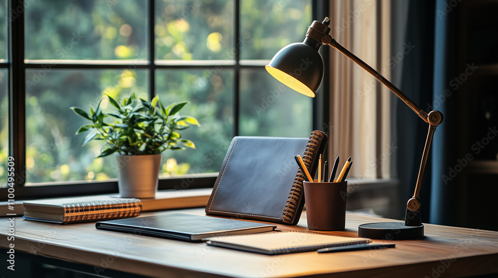 Fototapeta premium A home office desk featuring a stylish lamp, a leather planner, a cup of pens, and a small potted plant, all neatly arranged to inspire productivity and focus.