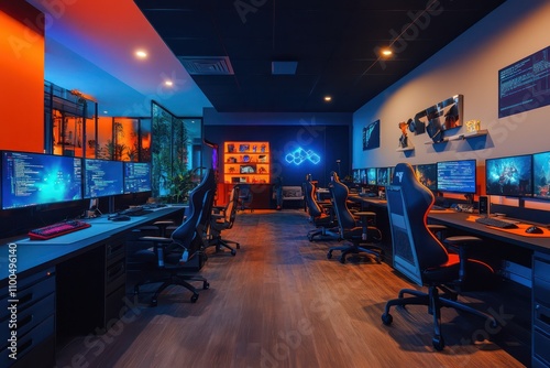 Software development office with a code collaboration area, gaming zones, and a high-tech, modern design.