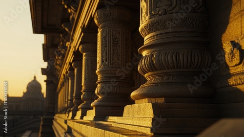 The intricate details of Vidhana Soudhaa??s facade captured during golden hour, highlighting the stone carvings and pillars. photo