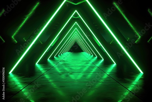 Neon lights in futuristic triangular corridor create vibrant atmosphere.