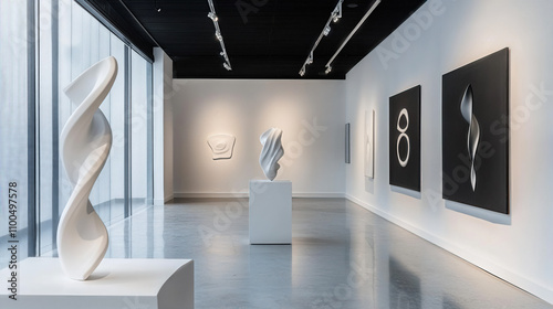 Mocap of abstract kinetic art pieces placed in a sleek contemporary gallery photo