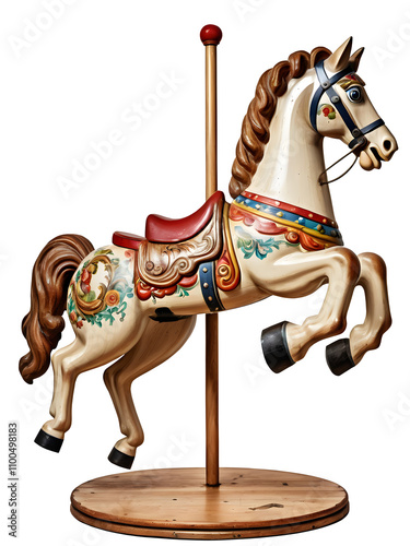 Vintage wooden carousel horse with intricate craftsmanship and nostalgic charm, isolated on a transparent or white background.