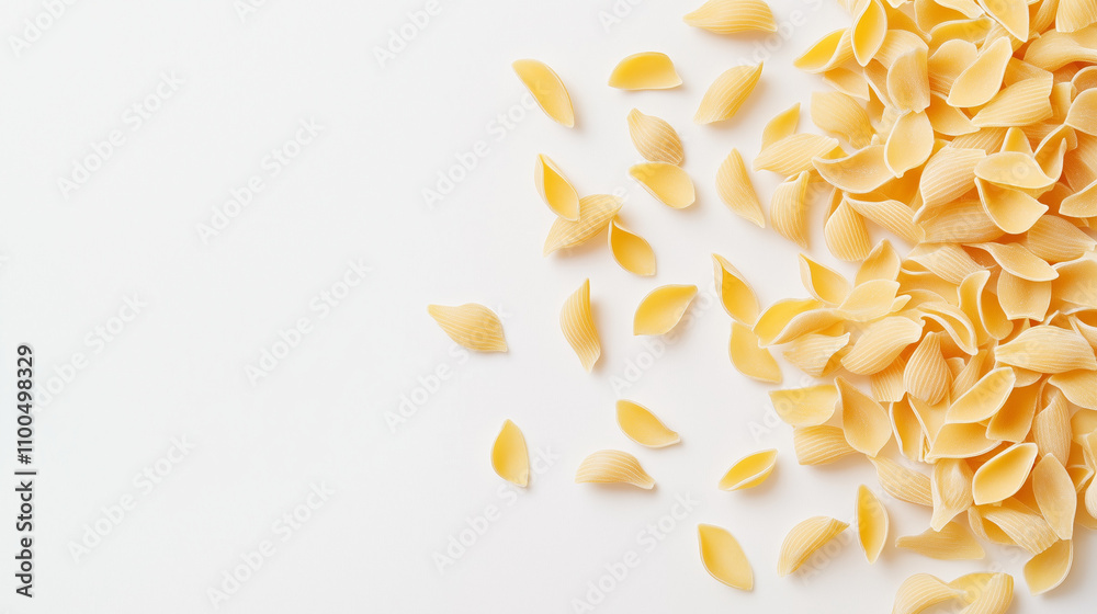 Obraz premium Raw Italian pasta falling gently, isolated on a white background, highlighting its texture and shape in a simple, clean composition.