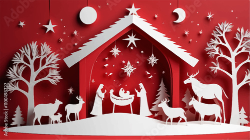 Paper cut out nativity scene on red background, Christmas Illustration, Christmas Card, Beautiful cut out paper illustration Magical Christmas  